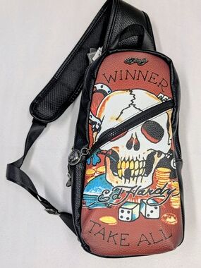 Ed Hardy Skull Winner Take All Sling Backpack Crossbody Bag Black Brown NWT